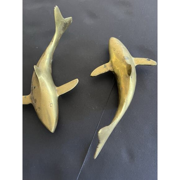 Vtg Mid Century Solid Brass Set 2 Sharks Paperweight Nautical Coastal Approx 8” - Picture 3 of 14